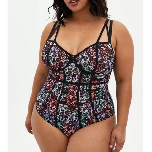 Torrid Womens Whimsigoth Coquette Simply Mesh Mirrored Skull Floral‎ Bodysuit 2X - Picture 1 of 12